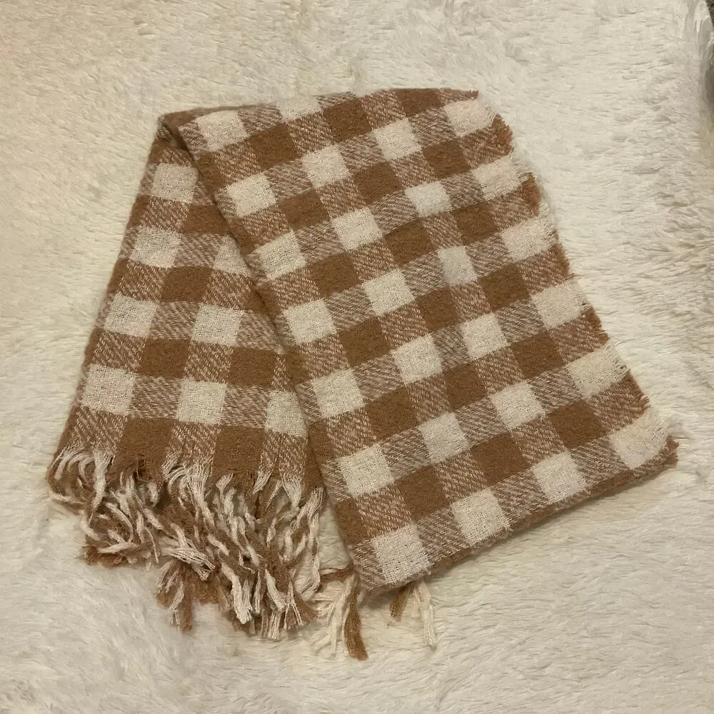 Aerie Brown and White Fringe Trim Soft‎ Blanket Scarf NEW Winter Warm Preppy